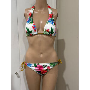 Women's GUESS White Multicolor tropical Floral Halter Bikini Swimsuit S